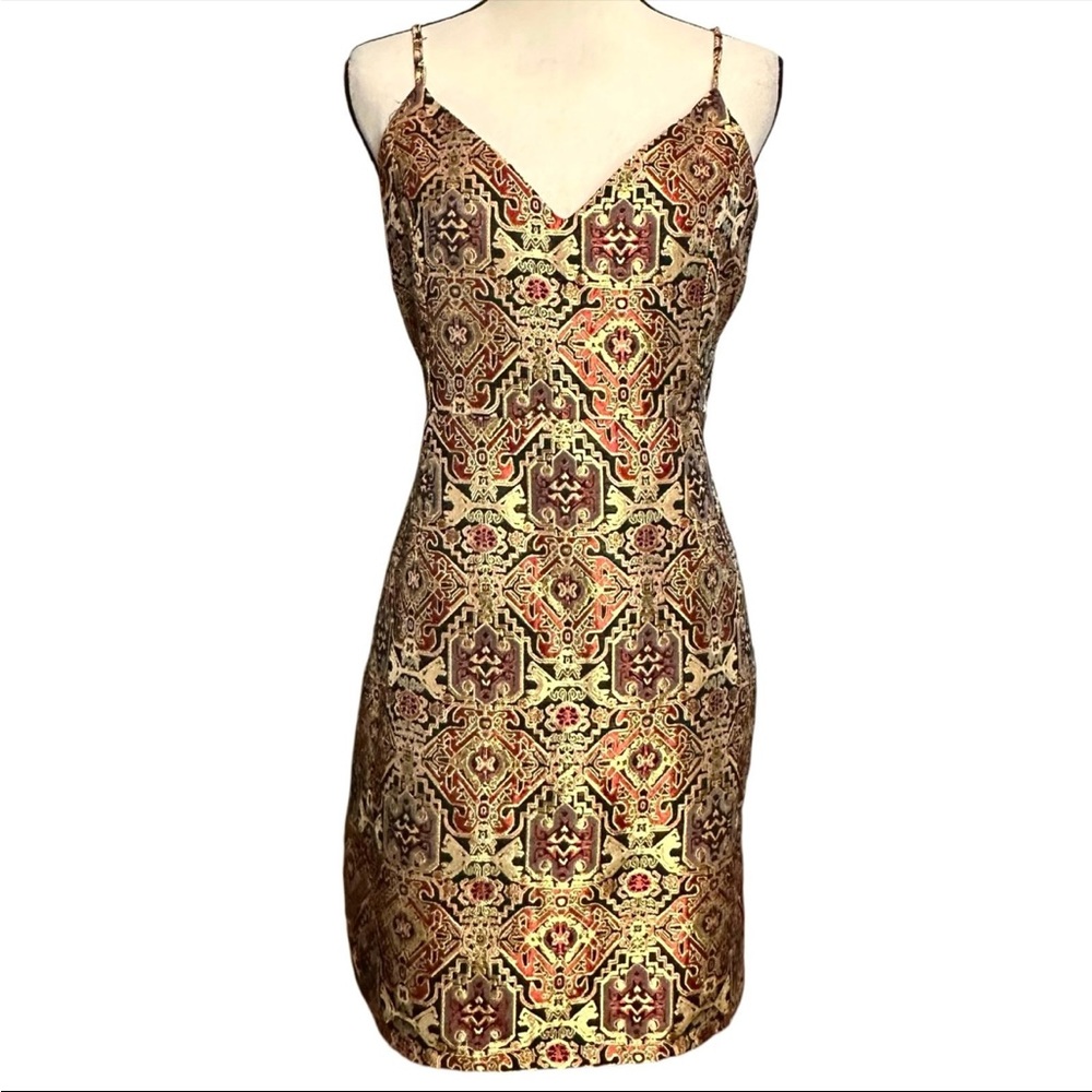 Gianni Bini Red and Gold Patterned Mini Dress